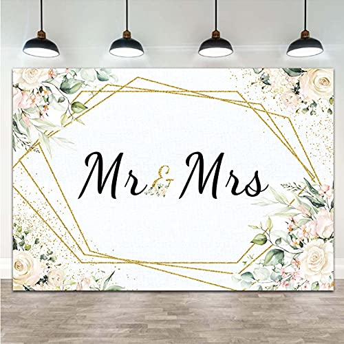 Mr & Mrs White Floral Bridal Shower Backdrop Mr Mrs Wedding Theme Photo Backgrounds 7x5ft Wedding Bride to Be Engagement Photography Backdrops Prom Party Banner Decor Party Banner Photo Booth Prop