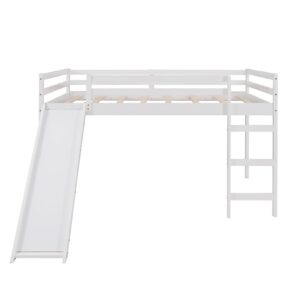 Full Loft Beds with Slide, Low Loft Bed Frame with Ladders Modern Fun Junior Loft Bed for Kids Boys Girls, White