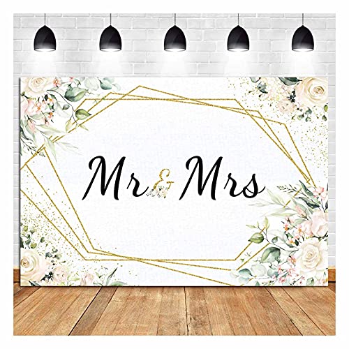 Mr & Mrs White Floral Bridal Shower Backdrop Mr Mrs Wedding Theme Photo Backgrounds 7x5ft Wedding Bride to Be Engagement Photography Backdrops Prom Party Banner Decor Party Banner Photo Booth Prop