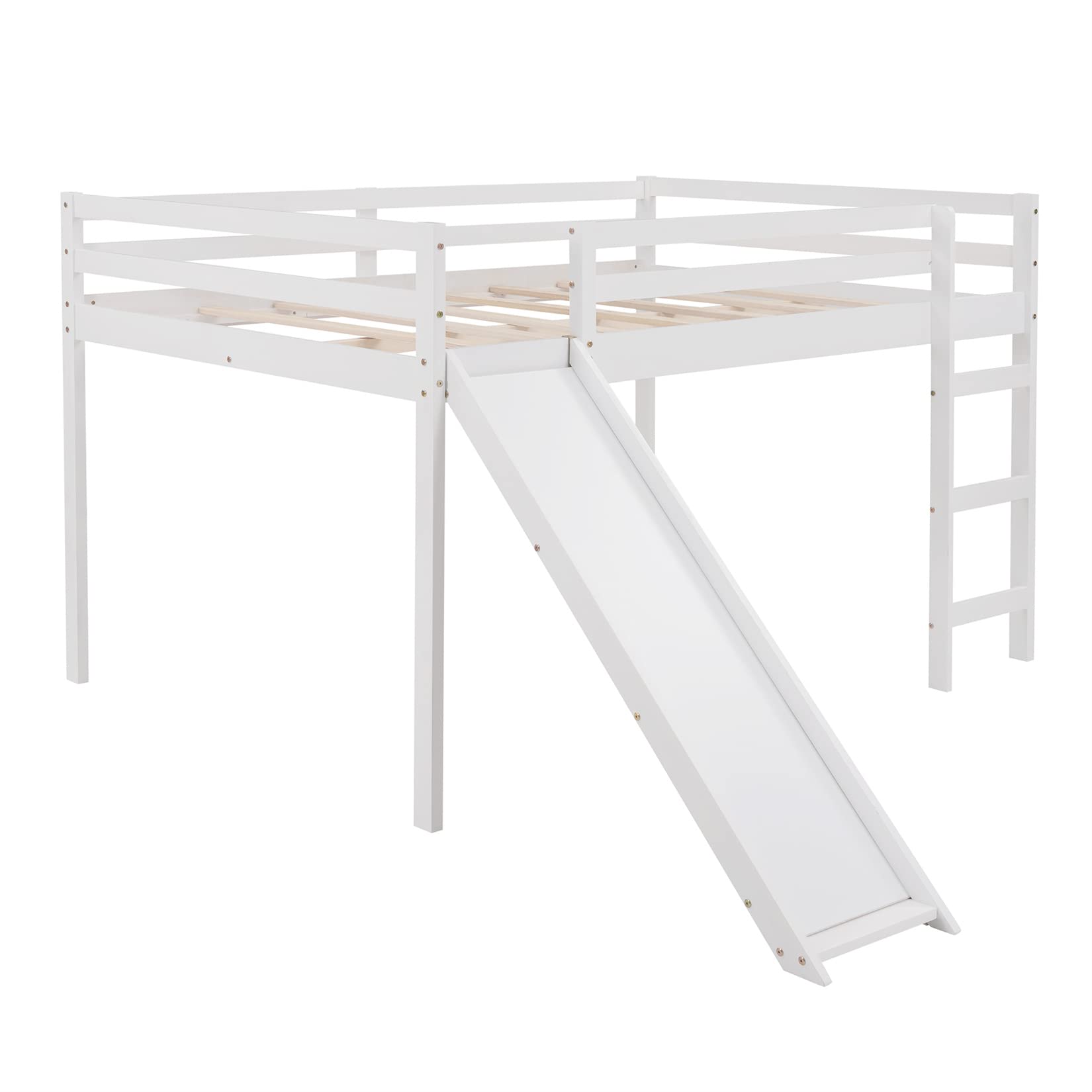 Full Loft Beds with Slide, Low Loft Bed Frame with Ladders Modern Fun Junior Loft Bed for Kids Boys Girls, White