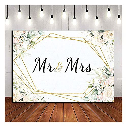 Mr & Mrs White Floral Bridal Shower Backdrop Mr Mrs Wedding Theme Photo Backgrounds 7x5ft Wedding Bride to Be Engagement Photography Backdrops Prom Party Banner Decor Party Banner Photo Booth Prop