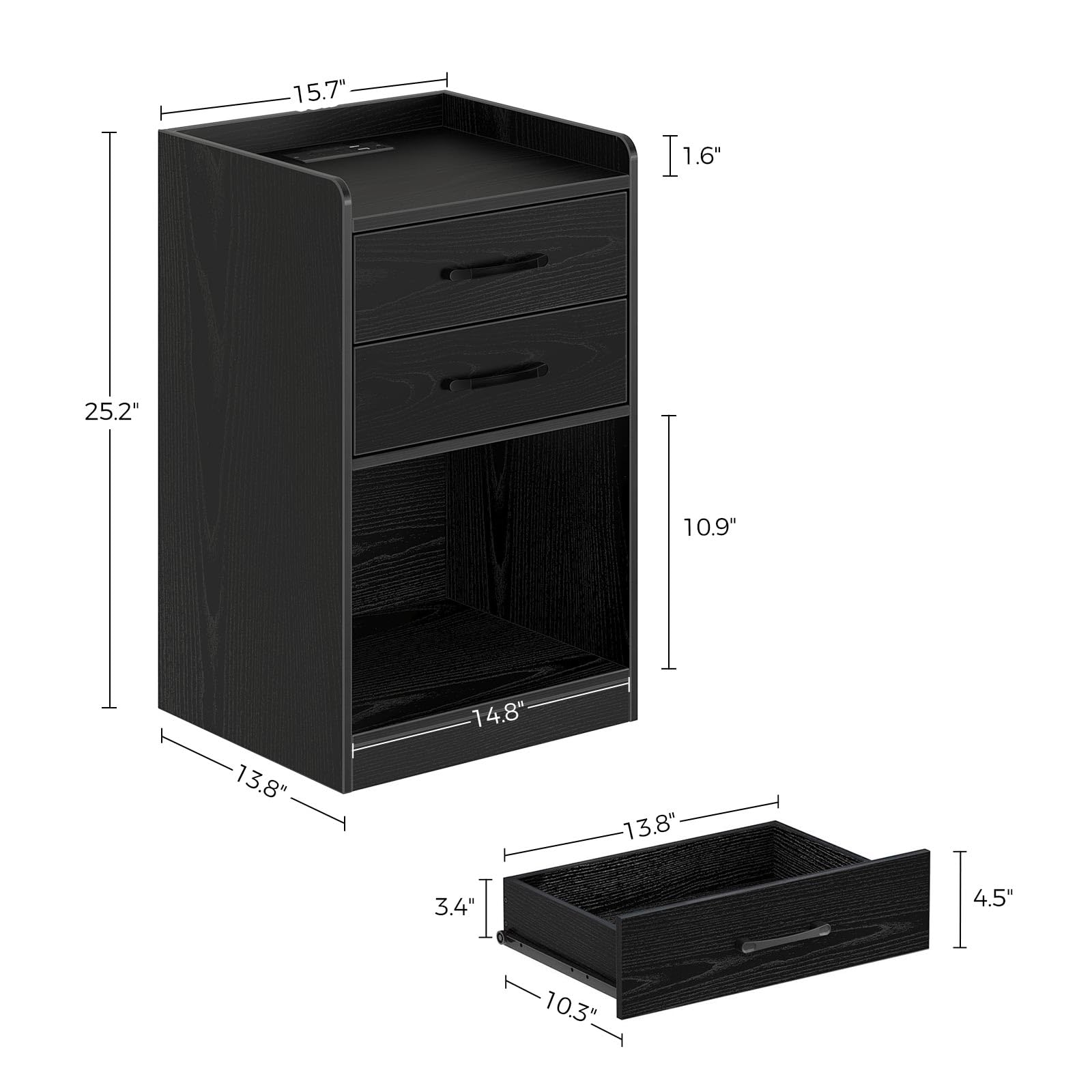 Seventable Nightstand with Charging Station and LED Lights, Modern Night Stand with 2 Drawers and Storage Open Compartment for Bedroom, Black