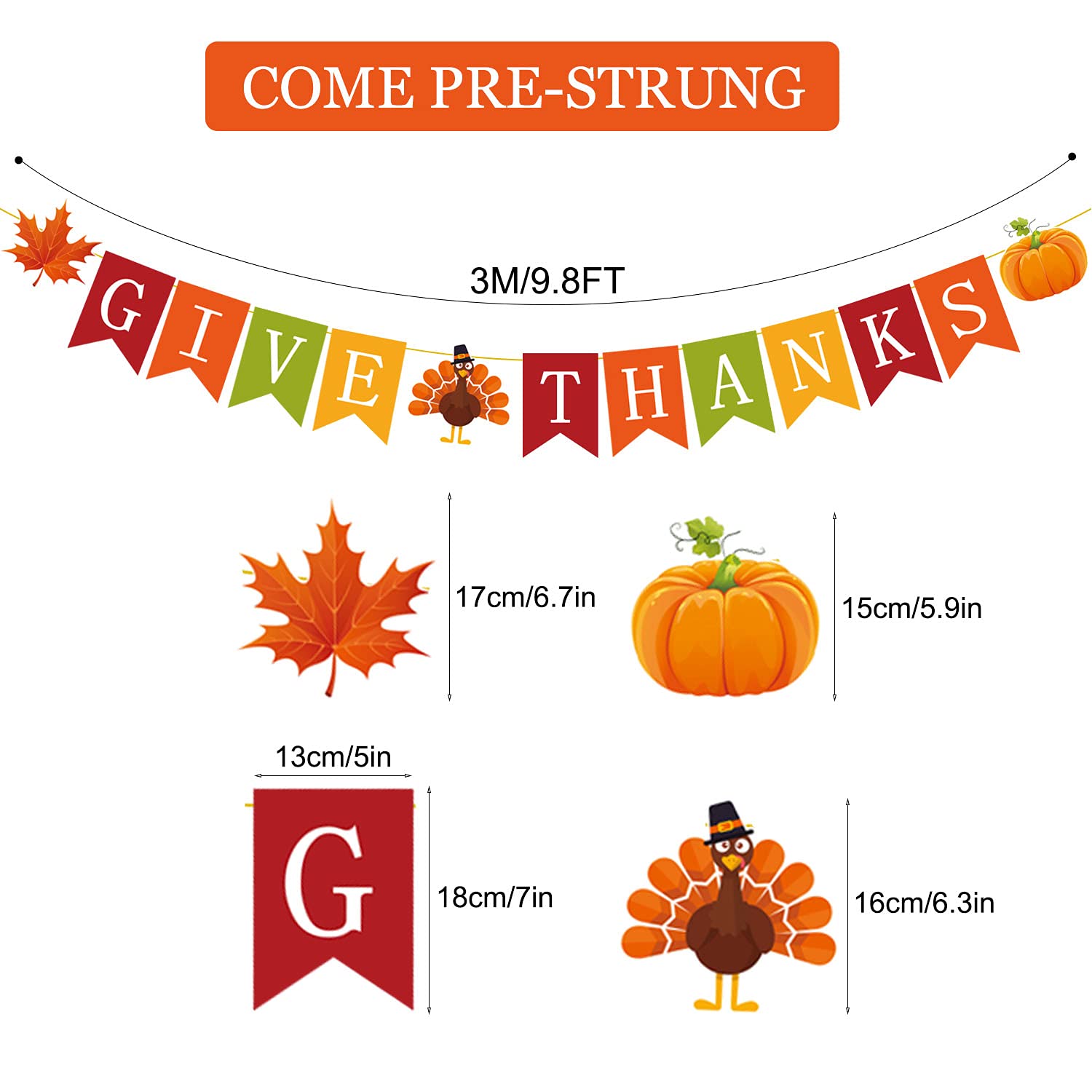 PTFNY Give Thanks Banner Thanksgiving Bunting Banner Garland with Maple Leaves Turkey and Pumpkin Signs Give Thanks Banner for Fall Thanksgiving Day Party Decorations Friendsgiving Home Party Supplies