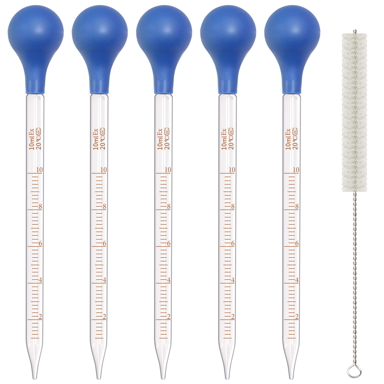 Asherxin 5 Pack 10ml Glass Pipette Dropper Lab Graduated Dropper Glass Liquid Pipette with 1 Pc Cleaning Brush for Liquid Essential Oil, Lab Dropper Pipettes Transfer with Rubber Cap