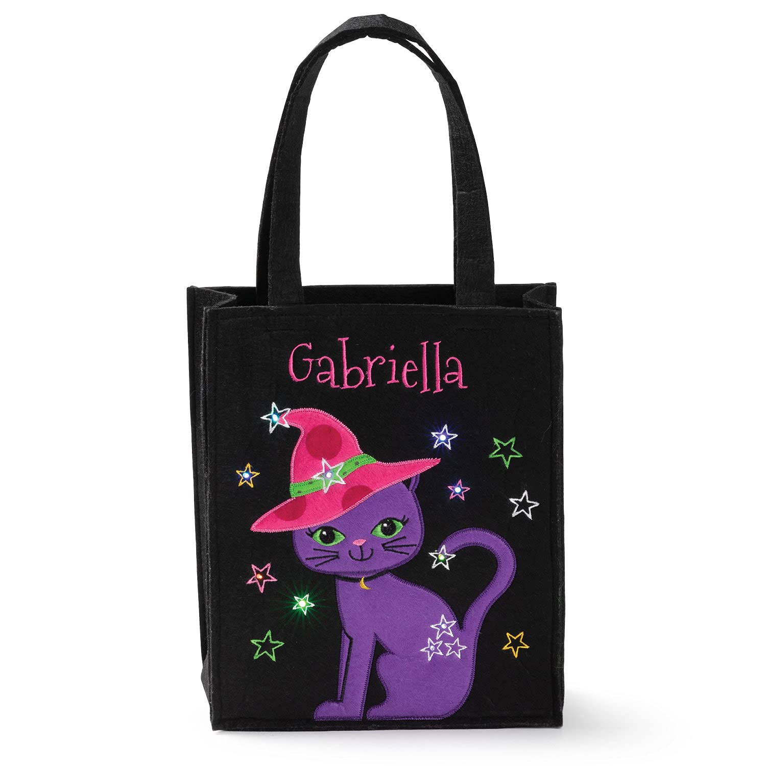 Personalized Planet LED Happy Purple Cat Halloween Light Up Trick or Treat Bag | Custom Name Embroidered on Black Candy Basket for Kids | Costume Accessory