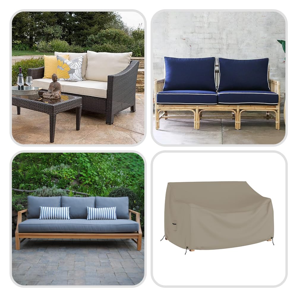 Covers & all Outdoor Loveseat Sofa Cover, 12 Oz Waterproof UV & Weather Resistant Patio Furniture Bench Cover Outdoor Use with Air Vent & Drawstrings (70"W x 35"H x 38"D x 15"FH, Beige)