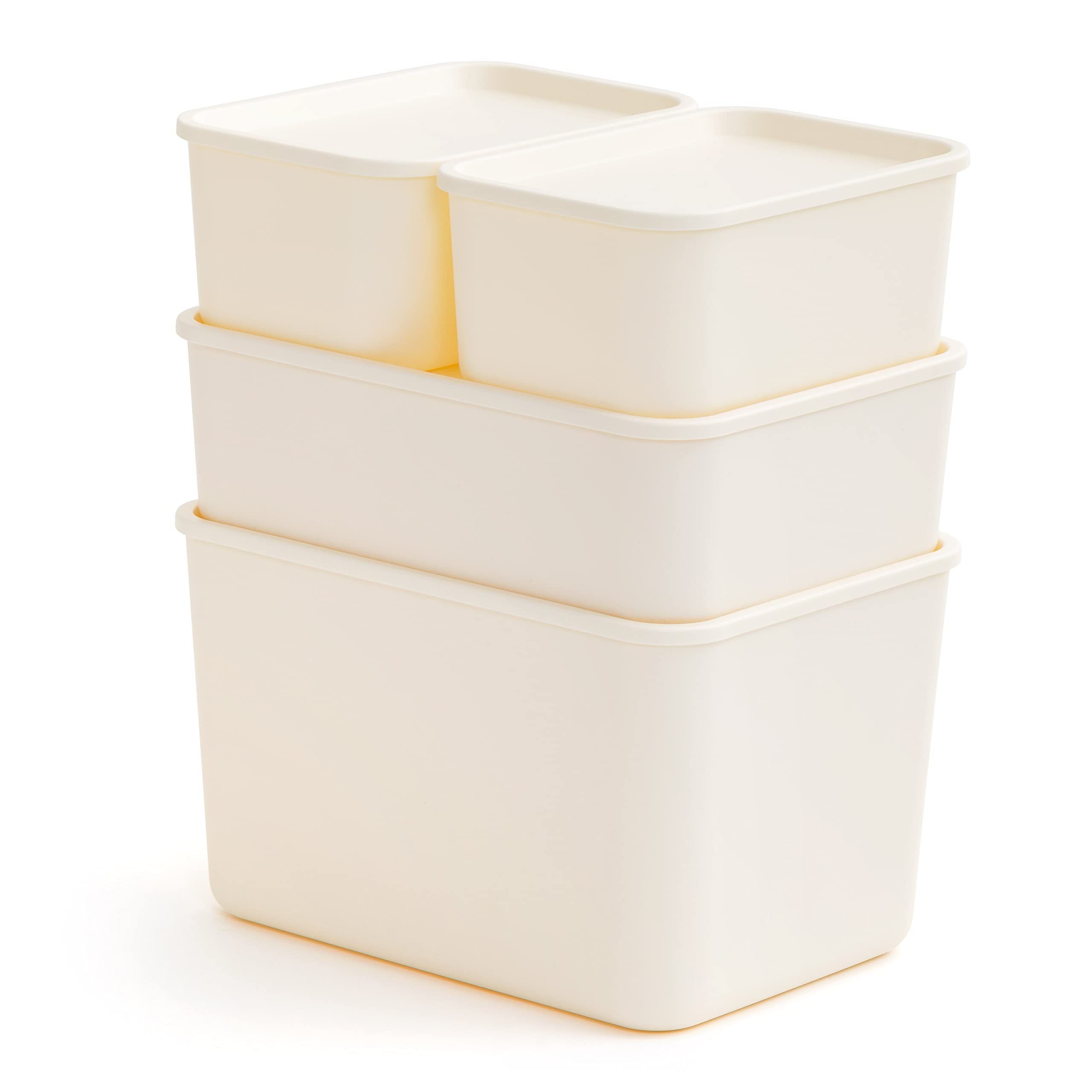 IRIS USA Plastic Modular Basket Bin & Lid, Combo (S/M/L), Stackable Lidded Storage Organizer Bins for-Kitchen-Bathroom and Bedroom, Off White