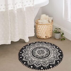 Uphome Small Round Rug 2.3’ Black Mandala Boho Bathroom Rugs with Pom Poms Fringe Washable Circle Shower Mat Soft Non-Slip Cute Circular Throw Rug for Sink Powder Room Bedroom Kids Room Nursery