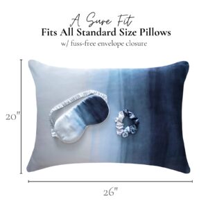 Fenrici Luxury Satin Pillowcase Gift Set – Includes Eye Mask & Scrunchie, Pure Vegan Silk for Hair & Skin Care, for Girls, Moms, Friends, Elegant Blue Ombre Design, Standard Size