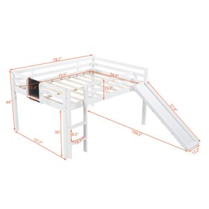 Full Size Loft Bed Wood Bed with Slide, Ladder, and Chalkboard, Loft Bed for Family, Kids, Teens, No Box Spring Needed