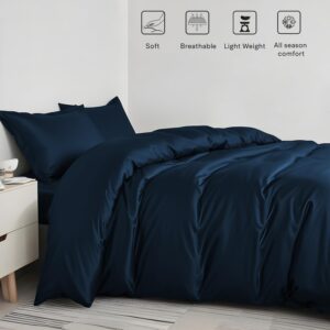 Linenwalas Tencel Lyocell Duvet Cover Set, Eucalyptus Cooling Lightweight Silk Comforter Cover Set with Zipper Closure & Corner Ties (Navy Blue, King)