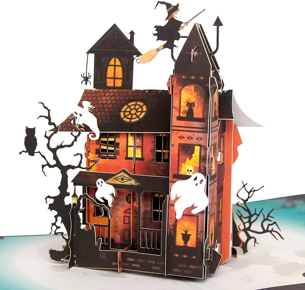 CUTE POPUP Halloween Pop Up Cards with Handmade Ghost House Design, Greeting Cards, Birthday Pop Up Cards, Holiday Card Pop Up - Exquisite and Funny Present for Kids, Children and Friends