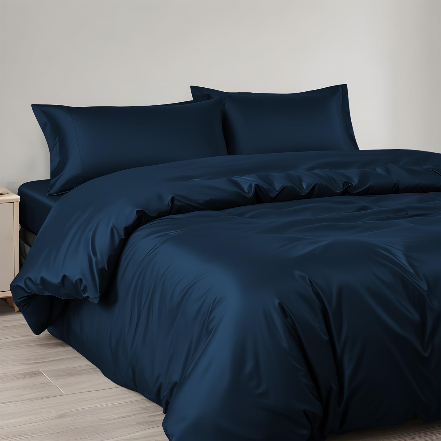 Linenwalas Tencel Lyocell Duvet Cover Set, Eucalyptus Cooling Lightweight Silk Comforter Cover Set with Zipper Closure & Corner Ties (Navy Blue, King)