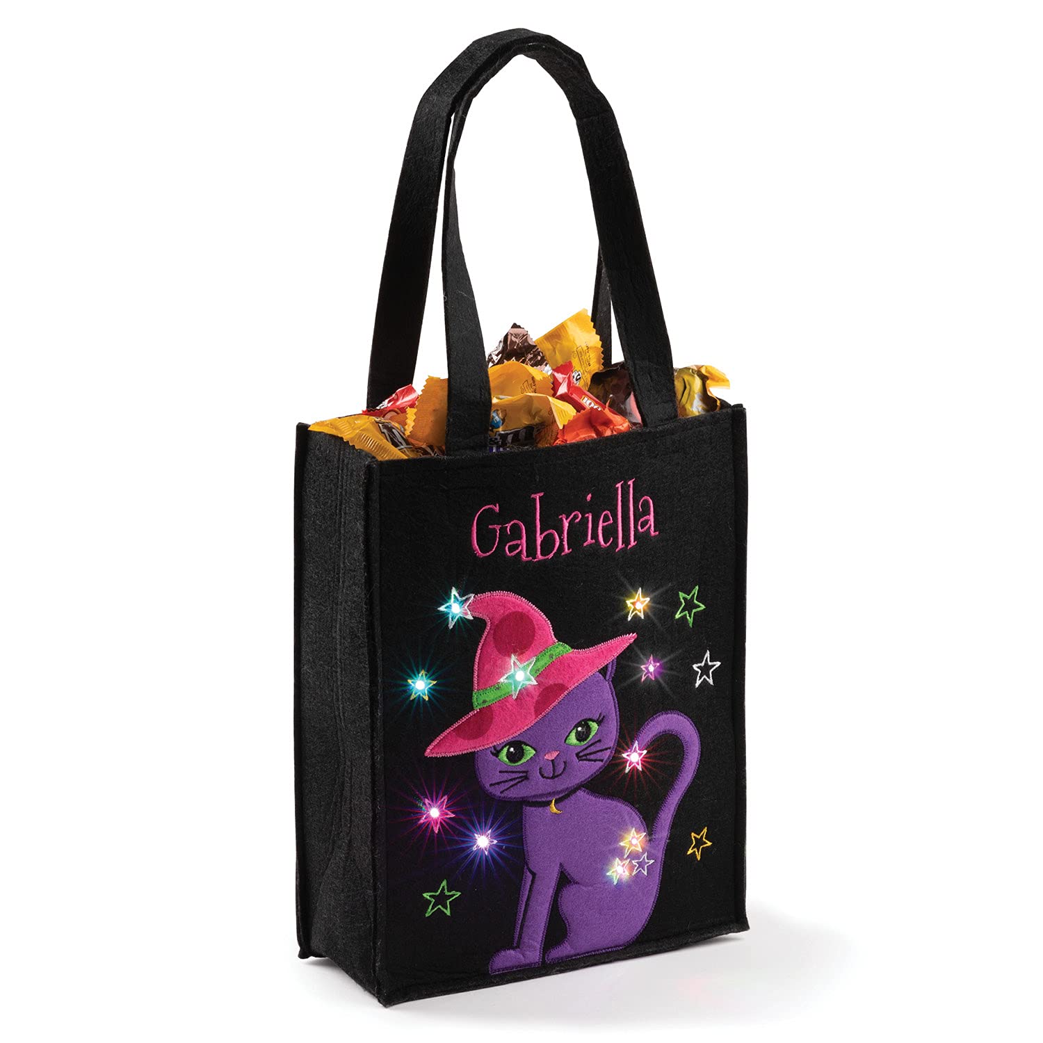 Personalized Planet LED Happy Purple Cat Halloween Light Up Trick or Treat Bag | Custom Name Embroidered on Black Candy Basket for Kids | Costume Accessory