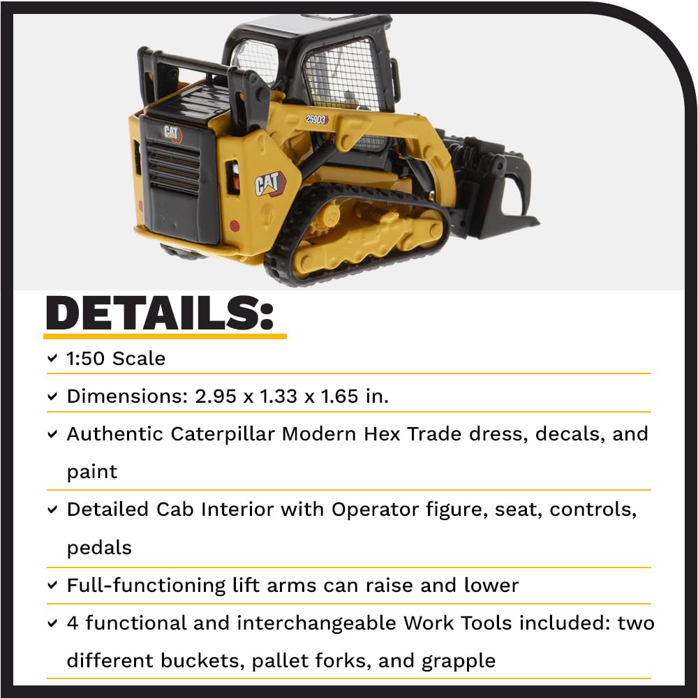 Diecast Masters 1:50 Caterpillar 259D3 Compact Track Loader with Attachment Accessories | High Line Series Cat Trucks & Construction Equipment | 1:50 Scale Model Diecast Collectible | DM Model 85677