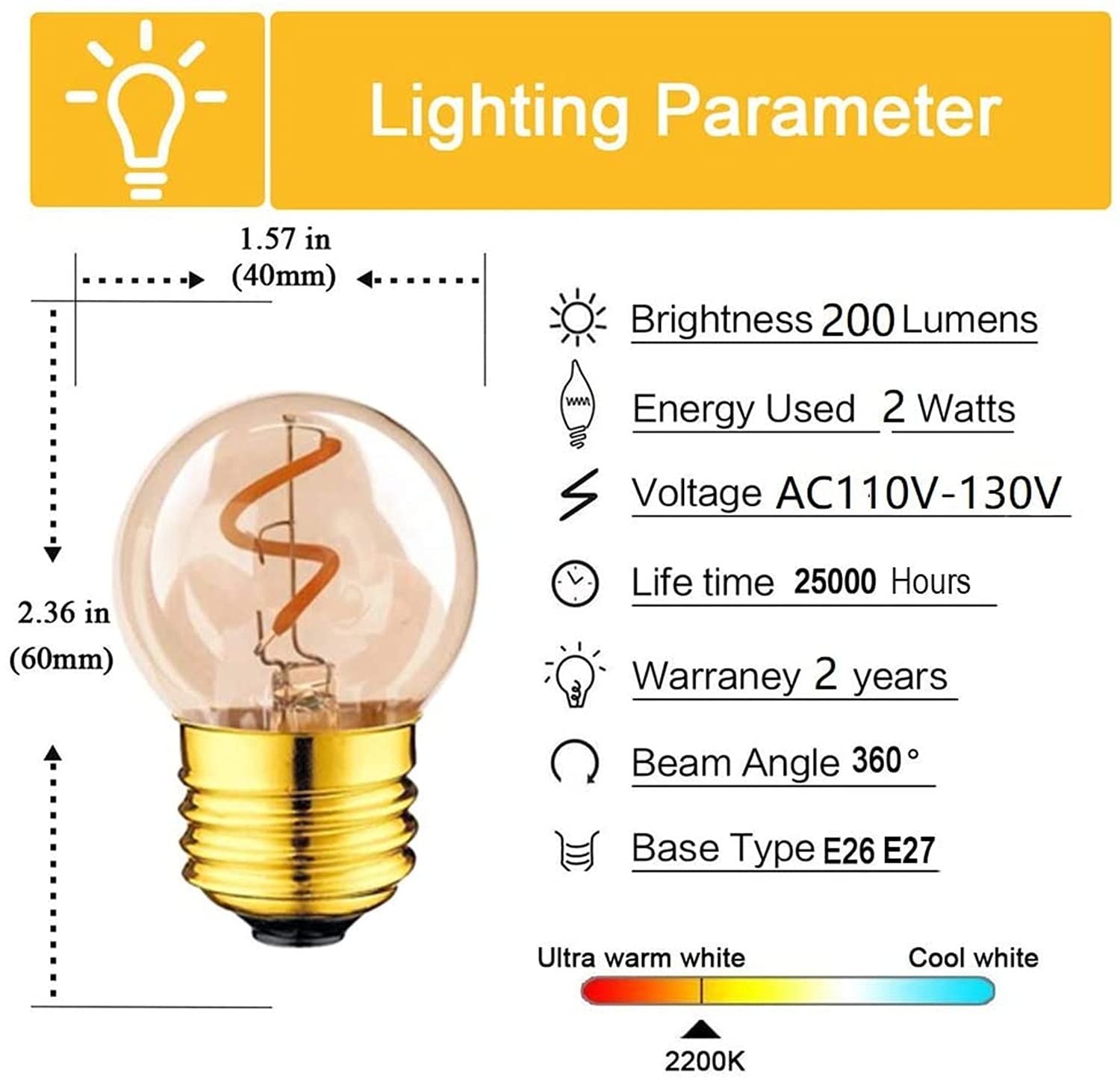 Qixivcom 2W G40 LED Filament Light Bulb Dimmable(5-Pack)- E26 Mini Led Bulb 120V 20W Equivalent LED Edison Light Bulb 2200K Warm White Decorative Lights Bulb Amber Glass Outdoor Lighting for Bar Home