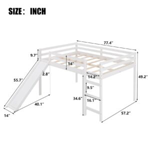 Full Loft Beds with Slide, Low Loft Bed Frame with Ladders Modern Fun Junior Loft Bed for Kids Boys Girls, White