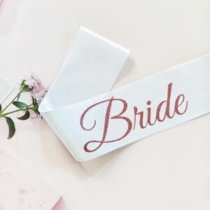 Magnusson's Garden Bride Sash, White and Rose Gold Glitter Bachelorette Party Sash for Future Mrs, Bridal Shower Sash for Bride-to-Be, Wedding Party Decorations