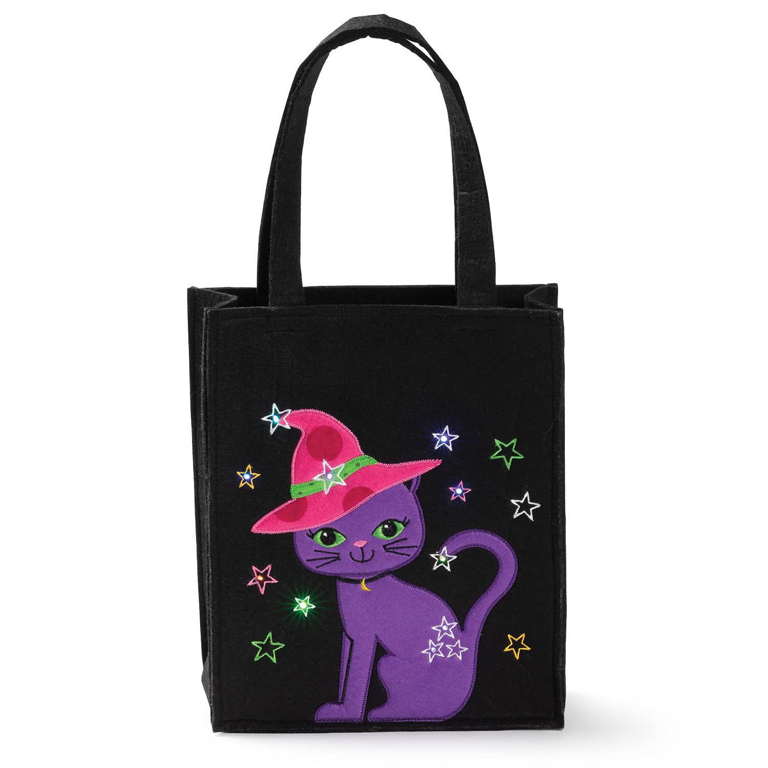 Personalized Planet LED Happy Purple Cat Halloween Light Up Trick or Treat Bag | Custom Name Embroidered on Black Candy Basket for Kids | Costume Accessory