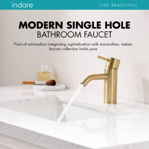 Indare Brushed Gold Bathroom Faucet, Single Hole Bathroom Sink Faucet Modern Single Handle Vanity Faucet with Pop-up Drain and Supply Lines,100102-BG