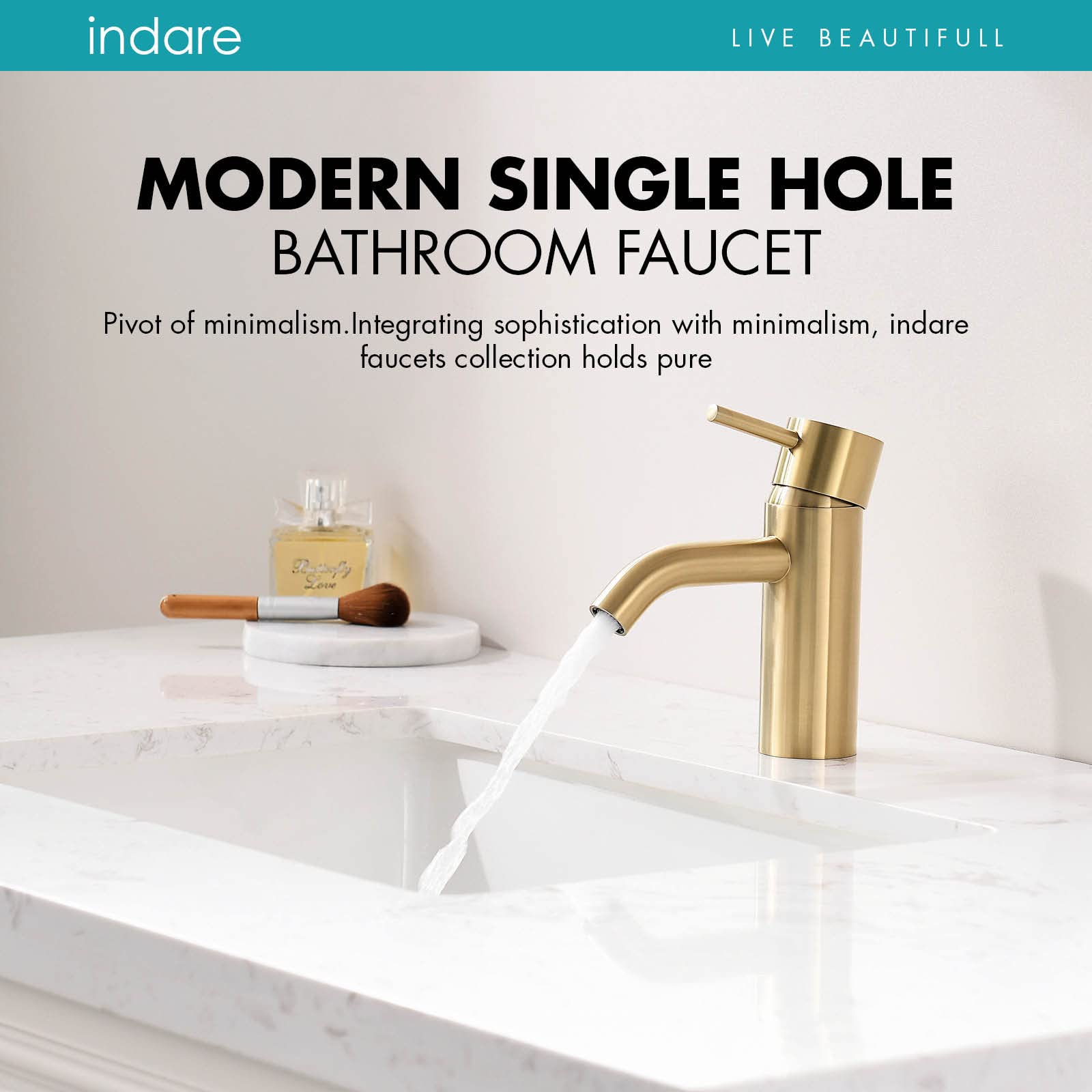 Indare Brushed Gold Bathroom Faucet, Single Hole Bathroom Sink Faucet Modern Single Handle Vanity Faucet with Pop-up Drain and Supply Lines,100102-BG