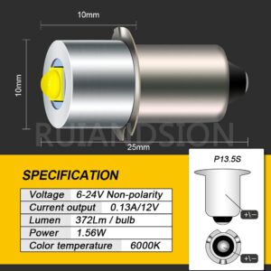 Ruiandsion Upgrade LED Flashlight Bulb P13.5S 6-24V LED Bulb 6V 9V 12V 18V 19.2V Replacement for Ryobi Milwaukee DEWALT Lamp Torch Lantern Work Light Maglit Bulbs, Non-Polarity (Pack of 2)