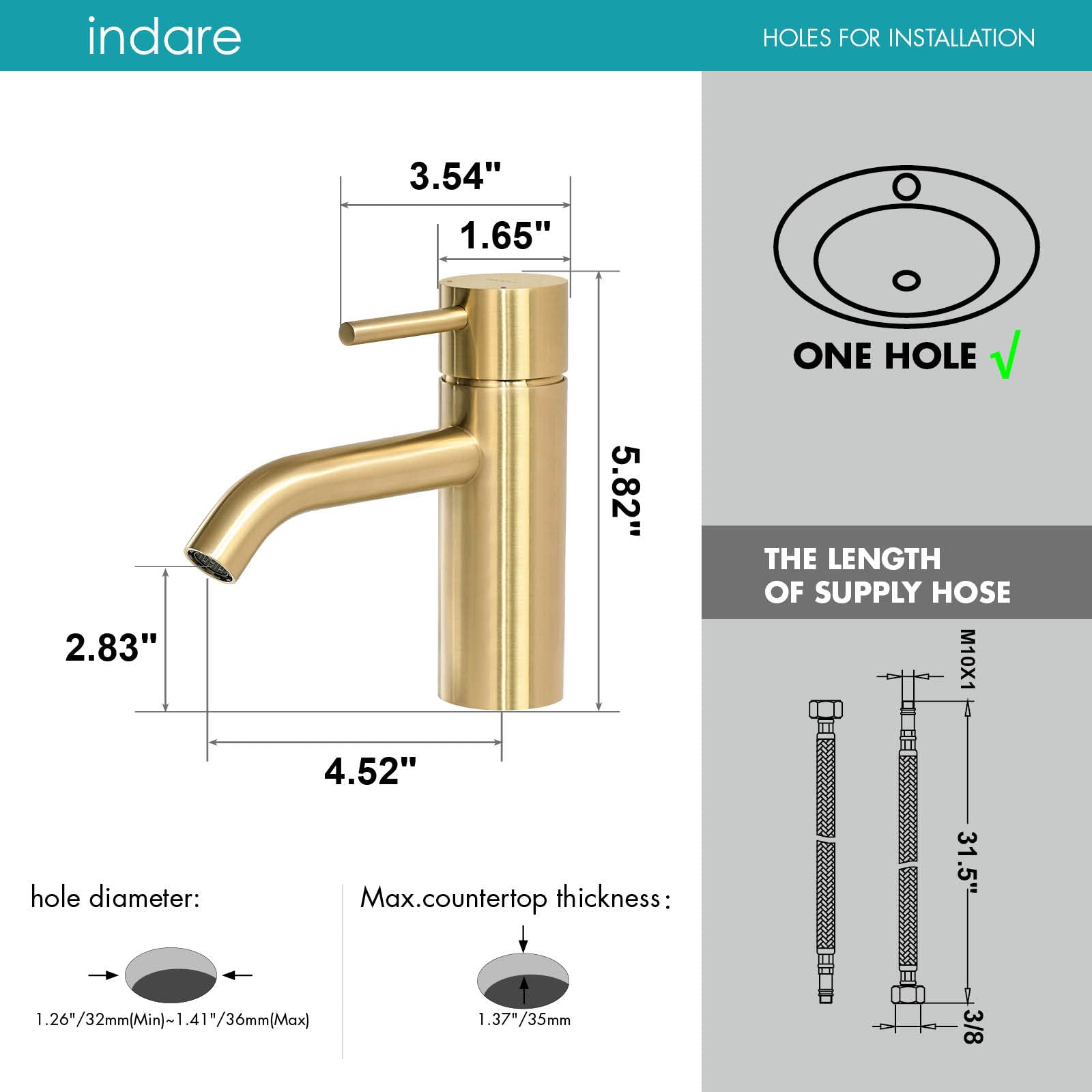 Indare Brushed Gold Bathroom Faucet, Single Hole Bathroom Sink Faucet Modern Single Handle Vanity Faucet with Pop-up Drain and Supply Lines,100102-BG