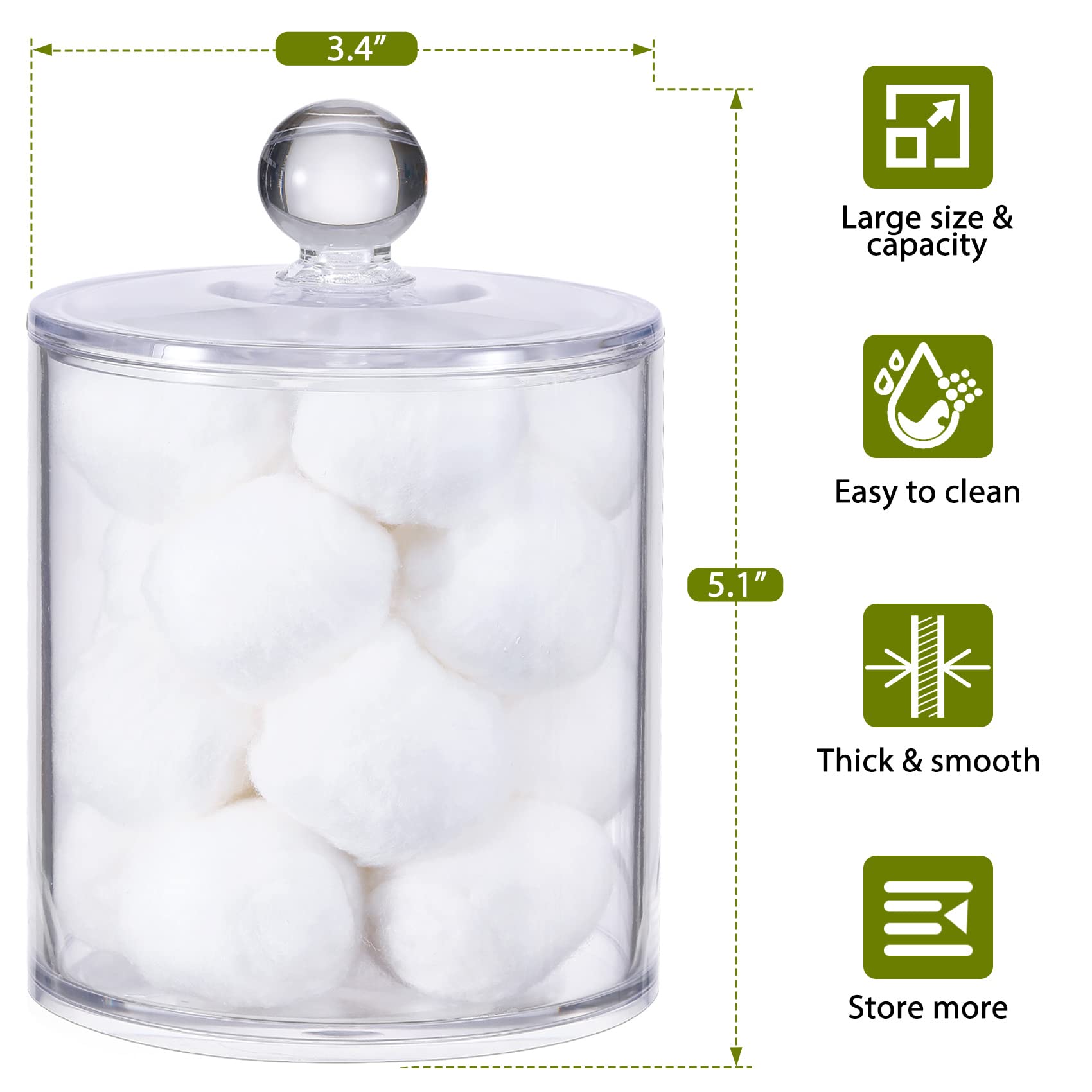 AOZITA 4 Pack 18 OZ Qtip Holder Dispenser for Cotton Ball, Cotton Swab, Cotton Round Pads, Floss - Clear Plastic Apothecary Jar Set for Bathroom Canister Storage Organization, Vanity Makeup Organizer