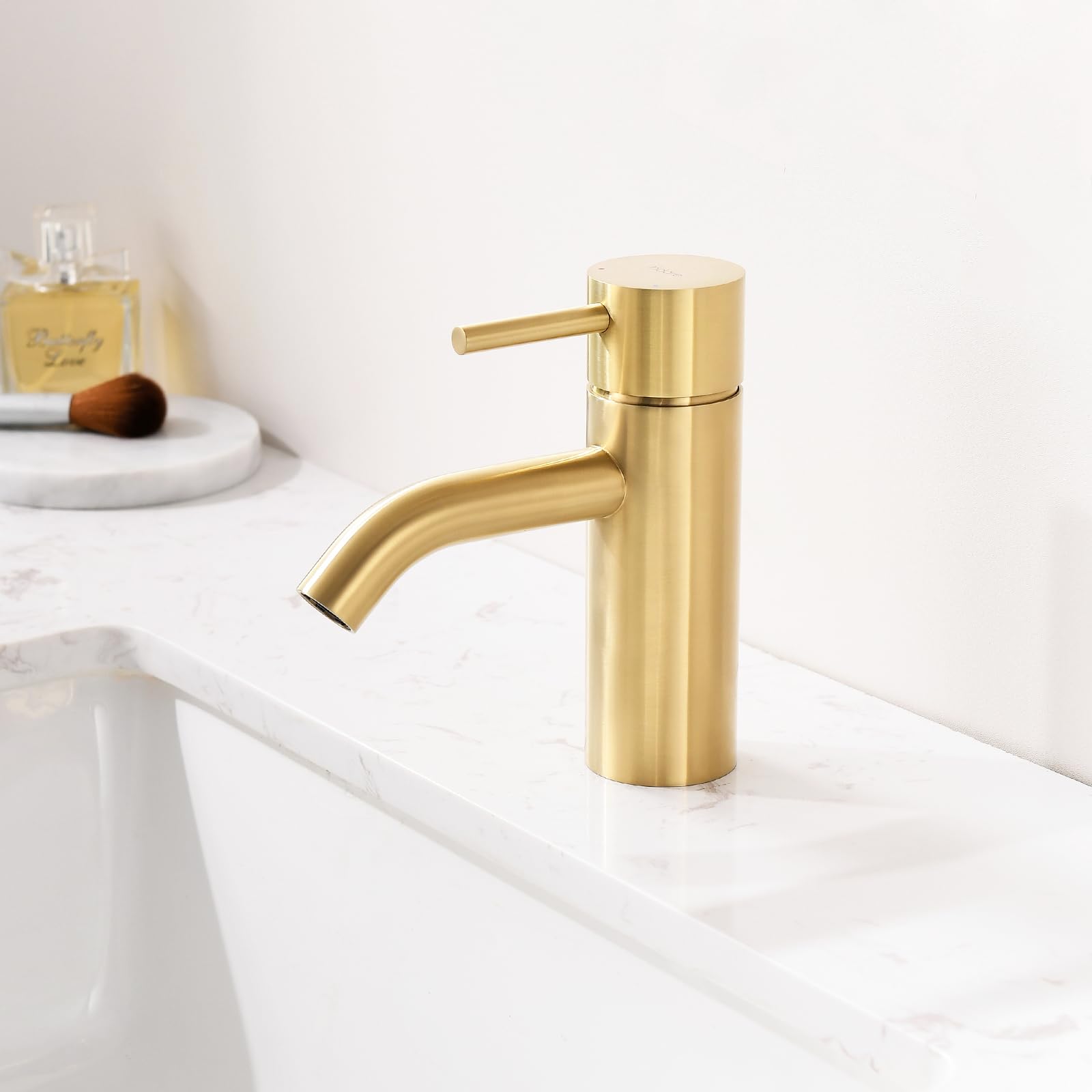 Indare Brushed Gold Bathroom Faucet, Single Hole Bathroom Sink Faucet Modern Single Handle Vanity Faucet with Pop-up Drain and Supply Lines,100102-BG