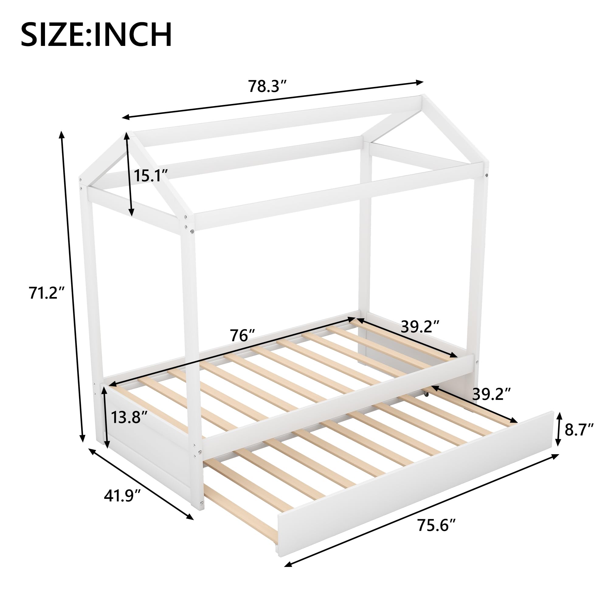 Merax Twin House Bed with Trundle, Twin Size Wooden House Bunk Bed with Support Legs, Can be Decorated for Girls, Boys (White)