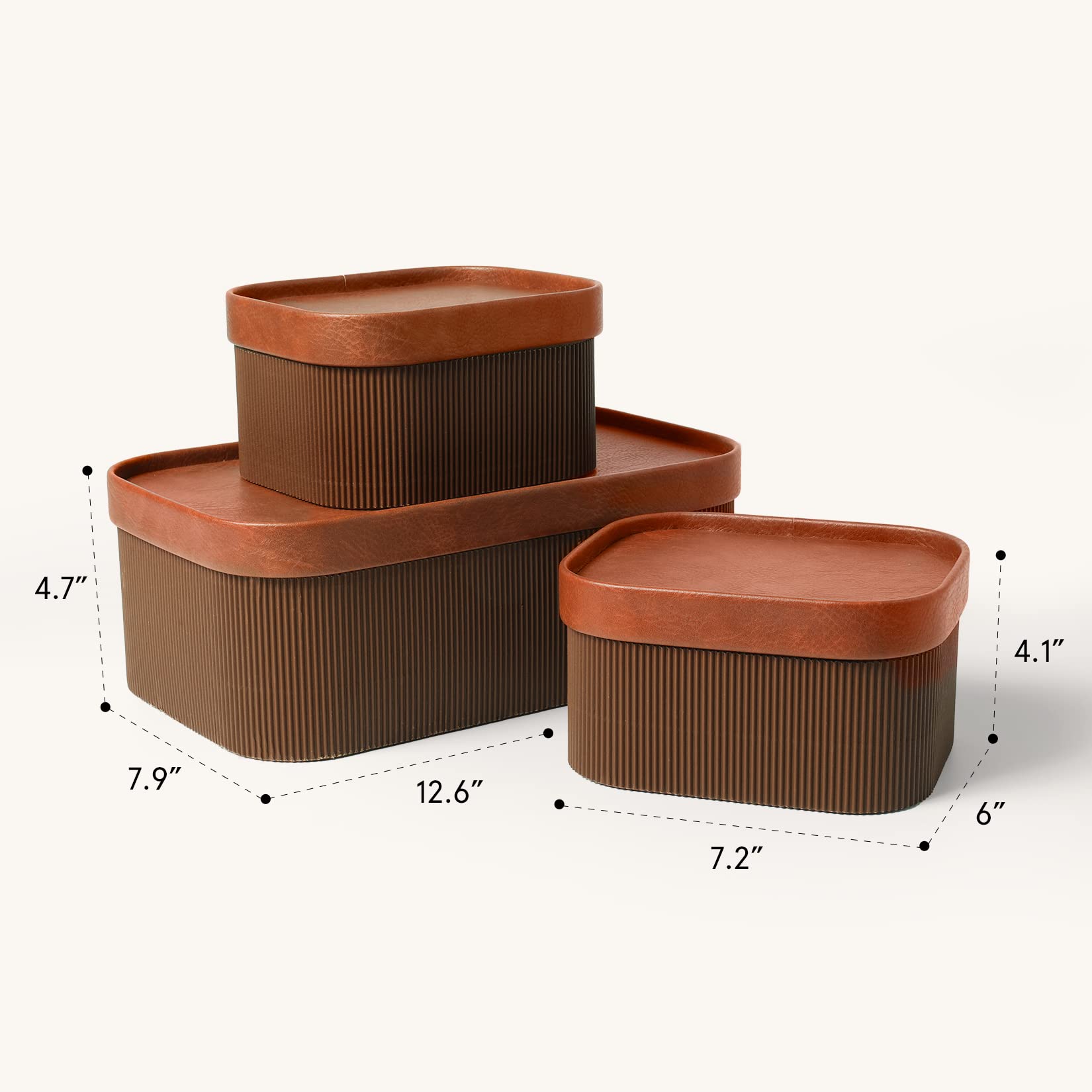 LA JOLIE MUSE Fluted Cardboard Storage Baskets with Leather-Like Lids, Sturdy Stackable Paper Boxes Decorative Tray, Chocolate Brown, Set of 3