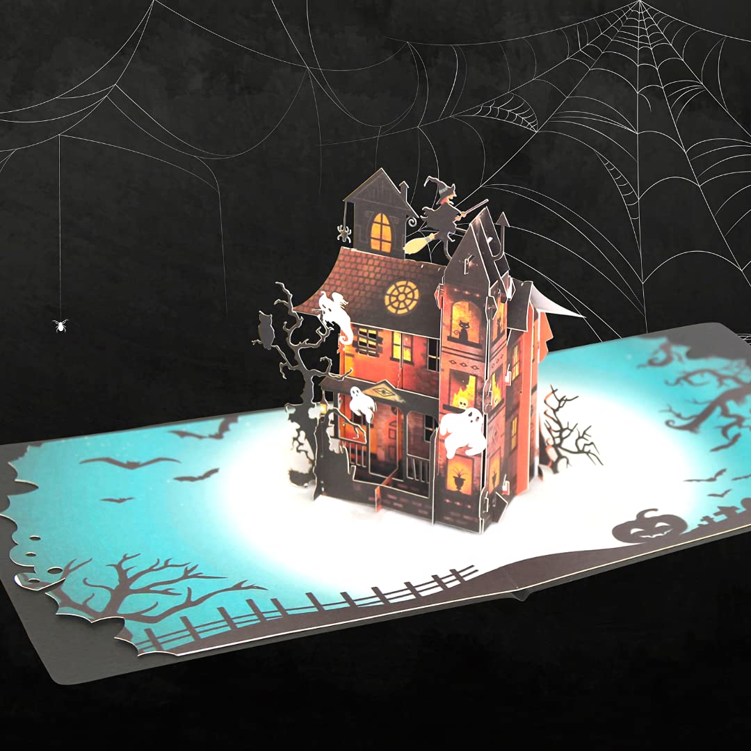 CUTE POPUP Halloween Pop Up Cards with Handmade Ghost House Design, Greeting Cards, Birthday Pop Up Cards, Holiday Card Pop Up - Exquisite and Funny Present for Kids, Children and Friends