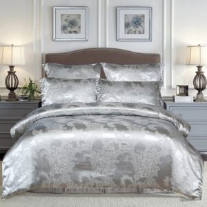 vctops floral jacquard satin duvet cover set king size 3 piece luxury silk like bedding comforter cover set with zipper closure & corner ties (silver grey,king)