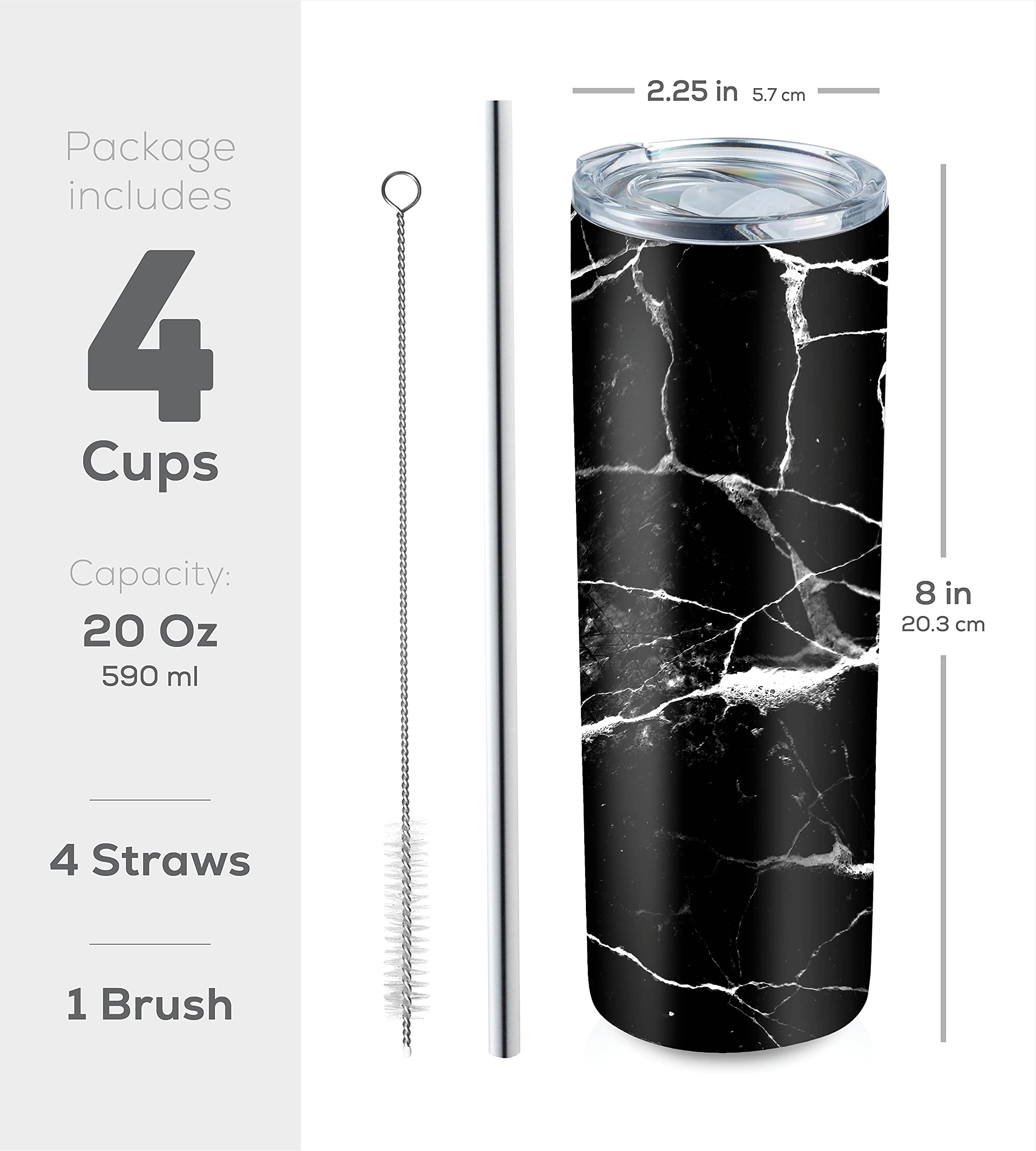 Insulated Skinny Stainless Steel Tumbler Set - 4-Pack 20oz Coffee Tumbler with Straw - Travel Coffee Mug With PBA Free Lids - Slim Vacuum Insulated Tumblers Keep Hot and Cold - Great for Home, Office.