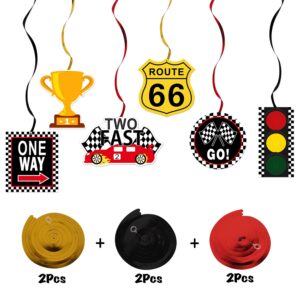 LINGTEER Race Car Two Fast Birthday Swirls Streamers - Let's Go Racing Happy 2nd Birthday Party Hanging Decorations Sign.