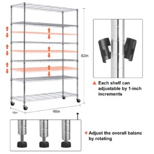 Heavy Duty Storage Shelves Hold 2100LBS Metal Shelves with Wheels Adjustable 6 Tier Wire Shelving Unit NSF Shelving for Closet Kitchen Garage Basement, 82" H x 48" L x 18" D- Chrome