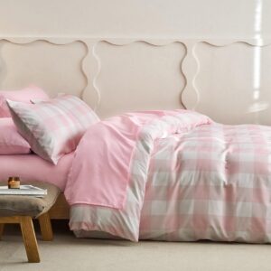 Wake In Cloud - Gingham Duvet Cover Set, Cute Plaid Buffalo Check Checker Preppy for Women Teen Girls, Soft Lightweight Dorm Bedding, 3-Piece, Pink White, Queen Size