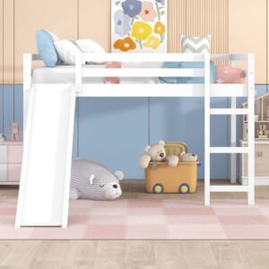 Full Loft Beds with Slide, Low Loft Bed Frame with Ladders Modern Fun Junior Loft Bed for Kids Boys Girls, White