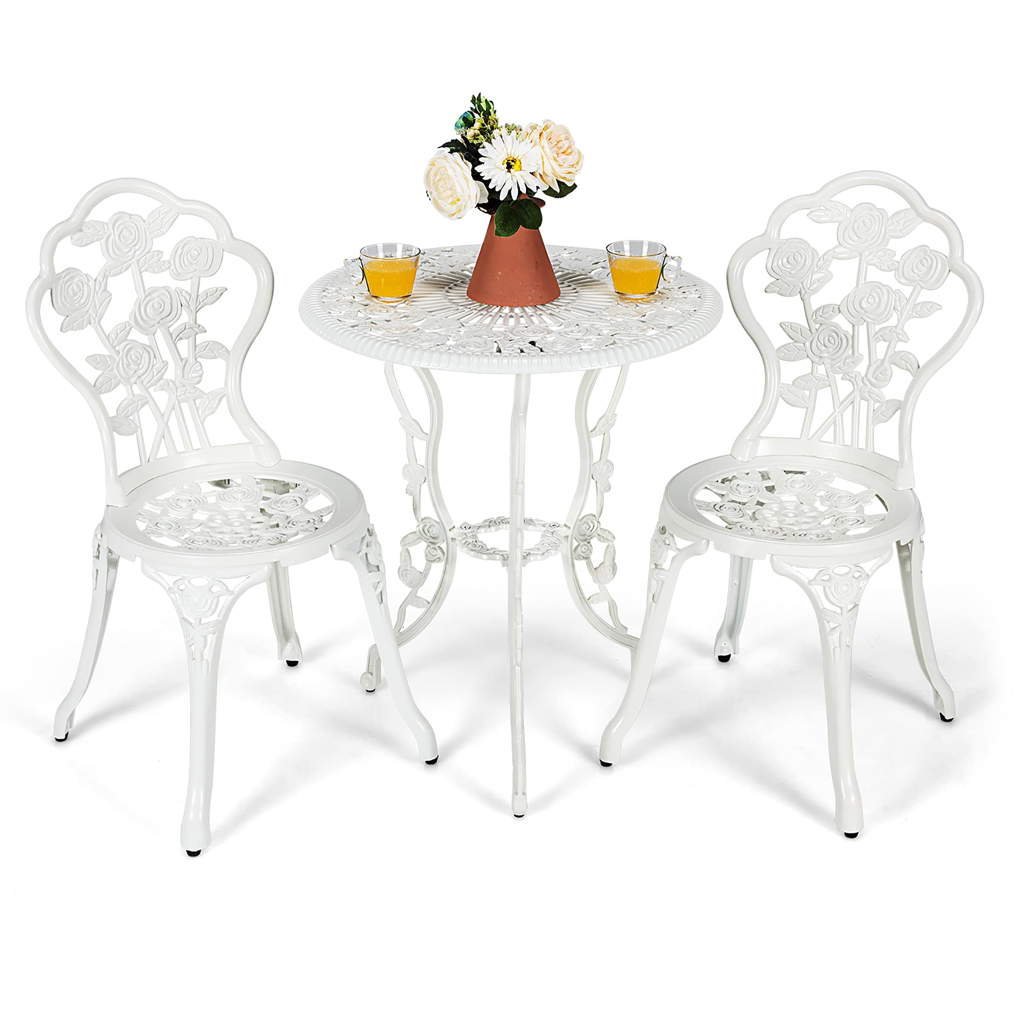 DORTALA Cast Aluminum Patio Bistro Set, 3 PCS Garden Table Set W/ 2 Chairs, Aluminum Frame, Exquisite Rose Scroll, 1.57” Outdoor Furniture for Balcony, Poolside, White