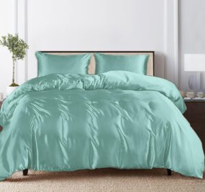 linenwalas tencel lyocell duvet cover set with deep pocket fitted sheet, viscose made from eucalyptus soft, lightweight and breathable complete bedding set (aqua, twin)