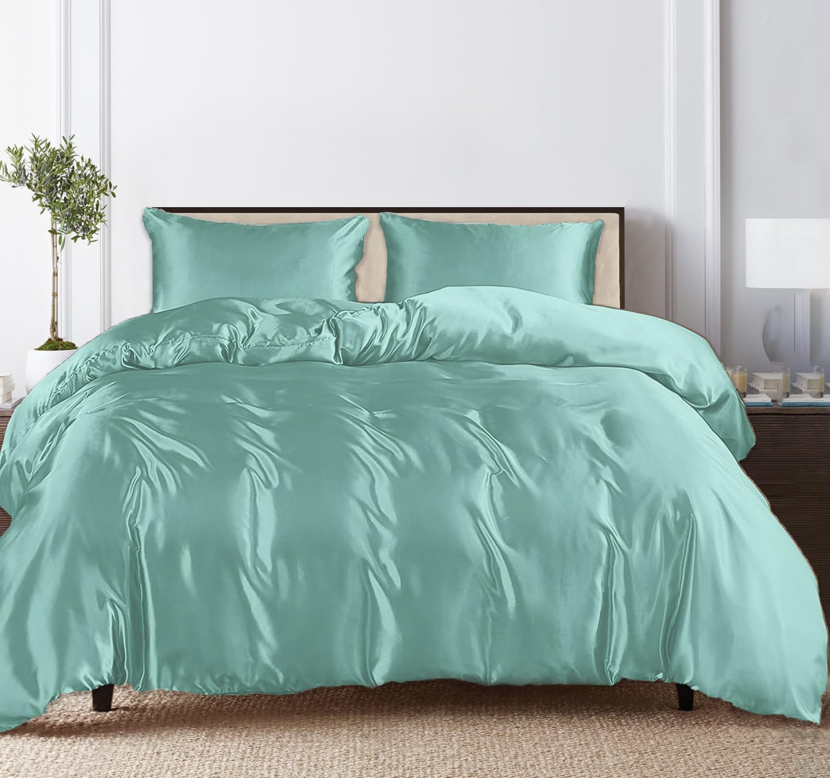 Linenwalas Tencel Lyocell Duvet Cover Set with Deep Pocket Fitted Sheet, Viscose Made from Eucalyptus Soft, Lightweight and Breathable Complete Bedding Set (Aqua, Twin)