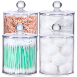 aozita 4 pack 18 oz qtip holder dispenser for cotton ball, cotton swab, cotton round pads, floss - clear plastic apothecary jar set for bathroom canister storage organization, vanity makeup organizer