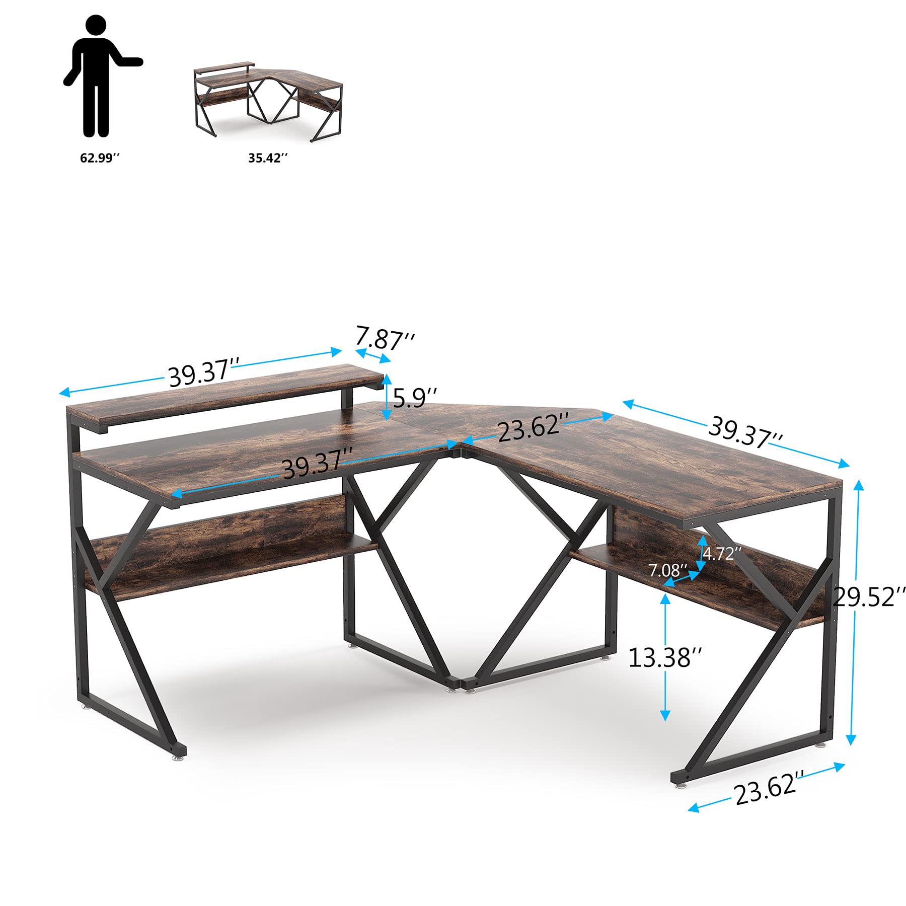 Tribesigns L Shaped Desk with Storage Shelves, 63 inch Industrial Corner Computer Desk with Monitor Stand, Study Writing Table Workstation for Home Office, Rustic Brown