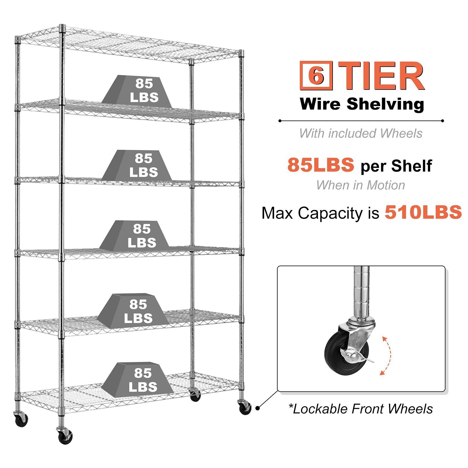 Heavy Duty Storage Shelves Hold 2100LBS Metal Shelves with Wheels Adjustable 6 Tier Wire Shelving Unit NSF Shelving for Closet Kitchen Garage Basement, 82" H x 48" L x 18" D- Chrome