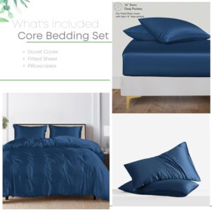 Linenwalas Tencel Lyocell Duvet Cover Set with Deep Pocket Fitted Sheet, Viscose Made from Eucalyptus Soft, Lightweight and Breathable Complete Bedding Set (Navy Blue, Queen)