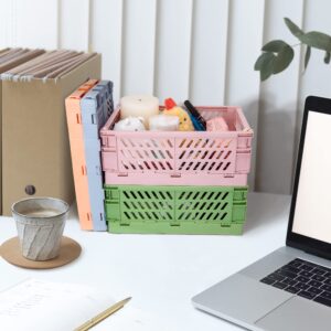 Xuanmuque 5-Pack Collapsible Plastic Storage Baskets for Organizing with Handle, Crate Bin for Desk Bedroom Office Bedroom, 9.8''L x 6.5''W x 3.8''H, Pink