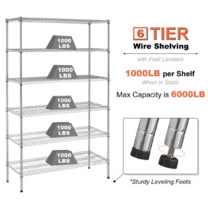 6-Tier Wire Shelving Unit 6000lb Capacity NSF Heavy Duty Steel Height Adjustable Storage Shelves with Wheels, 18" L x 48" W x 76" H Metal Shelf - Chrome