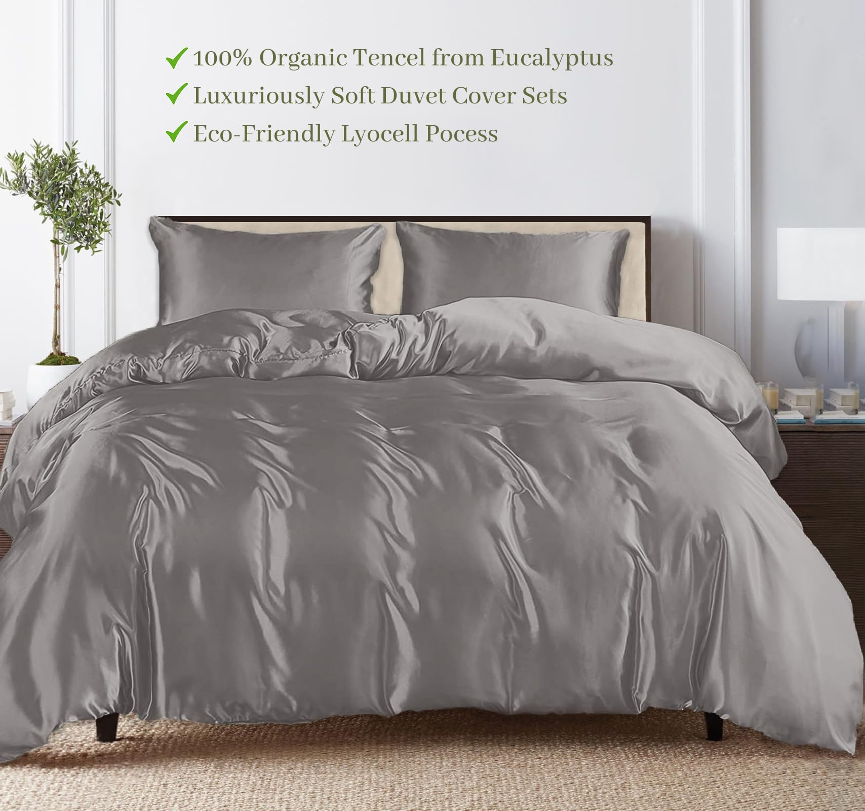 Linenwalas Tencel Lyocell Duvet Cover Set with Deep Pocket Fitted Sheet, Viscose Made from Eucalyptus Soft, Lightweight and Breathable Complete Bedding Set (Light Grey, King)