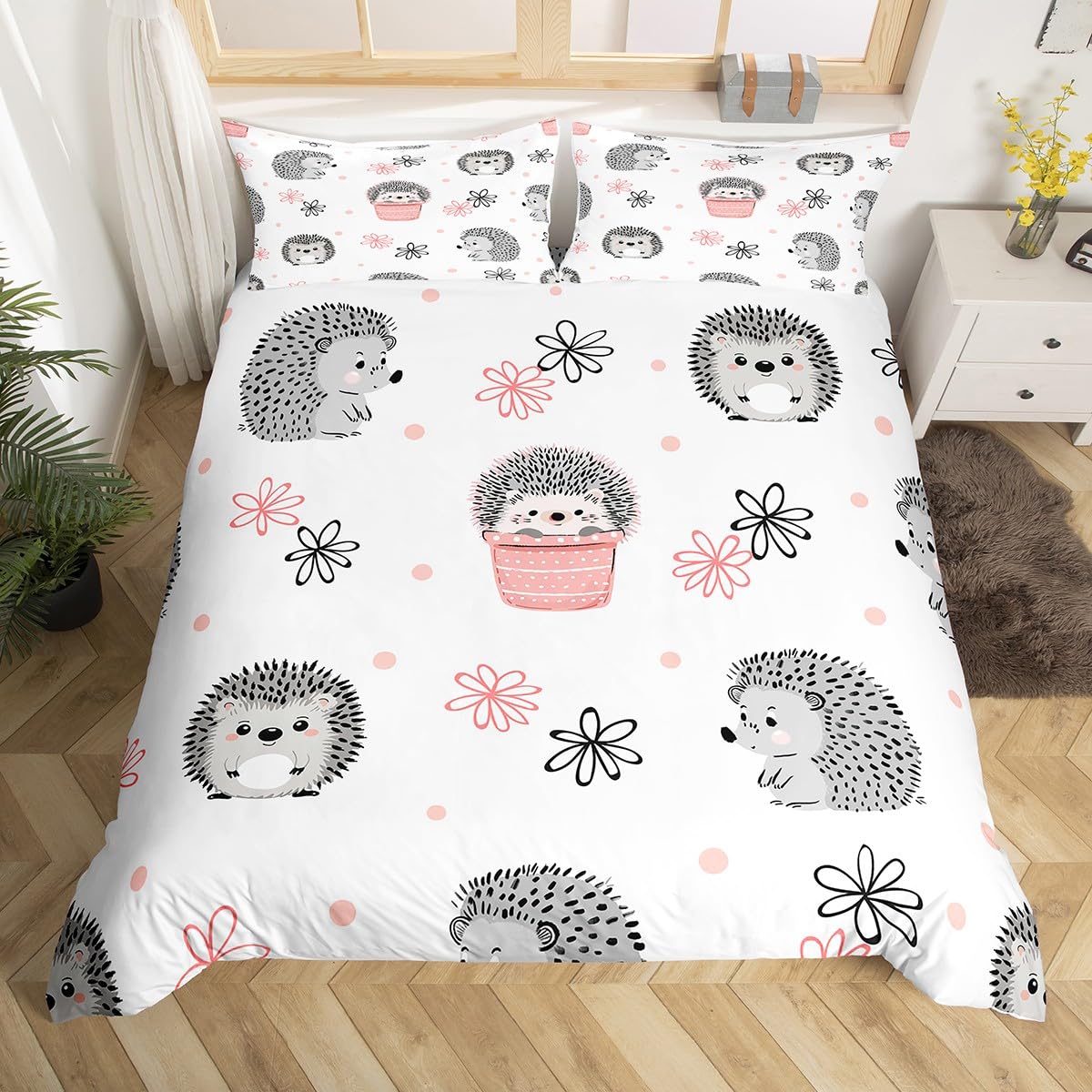 Feelyou Hedgehog Duvet Cover Kids Cute Hedgehog Bedding Set for Girls Teens Ultra Soft Kawaii Wild Animal Comforter Cover Set Polka Dots Bedspread Cover Room Decor Queen Size Bedclothes Zipper