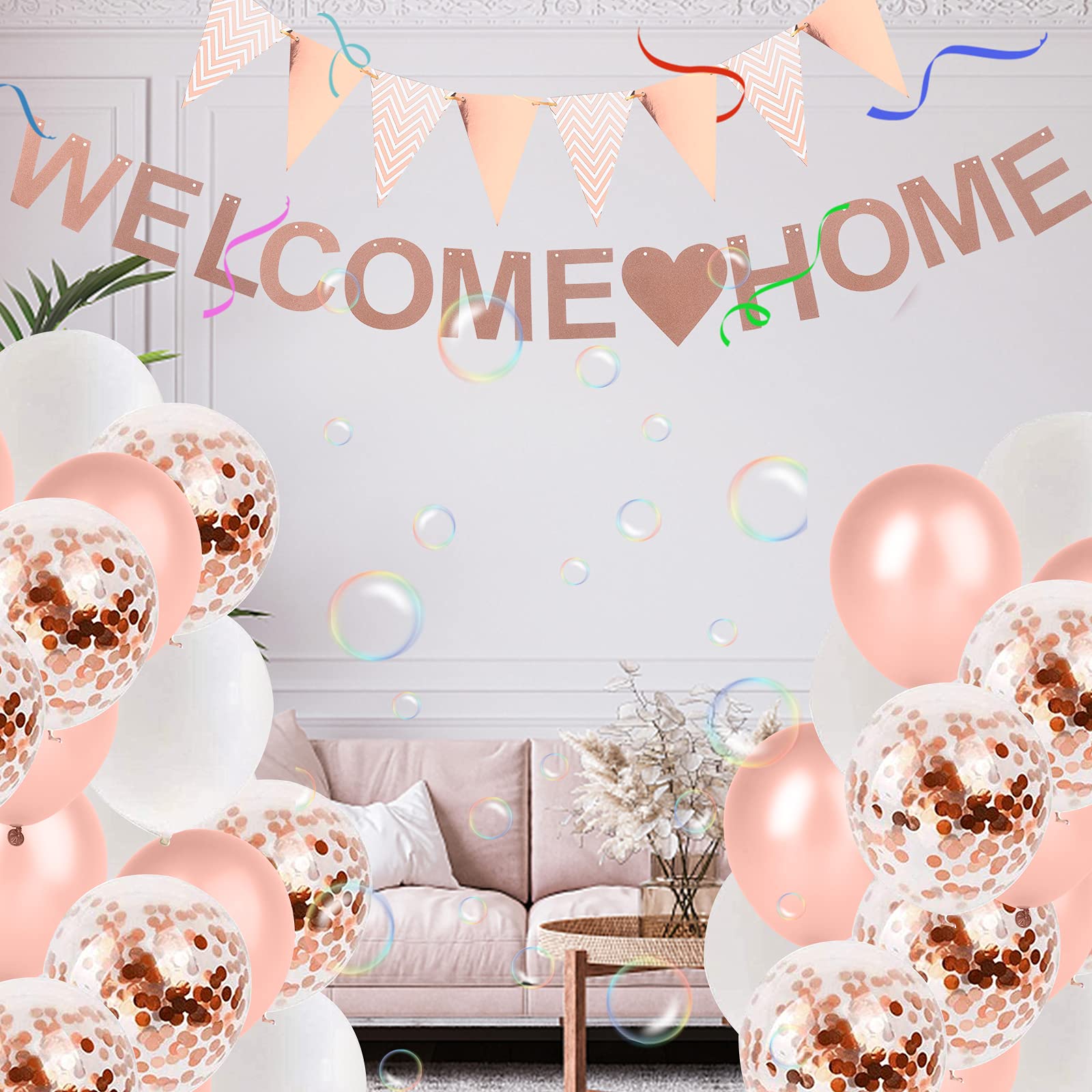 TBoxBo 15 Pcs Welcome Home Banner Rose Gold Glitter Welcome Back Balloon Banner Decorations Kit Welcome Home Decorations for Welcome Home Party Decorations, Welcome Home Sign